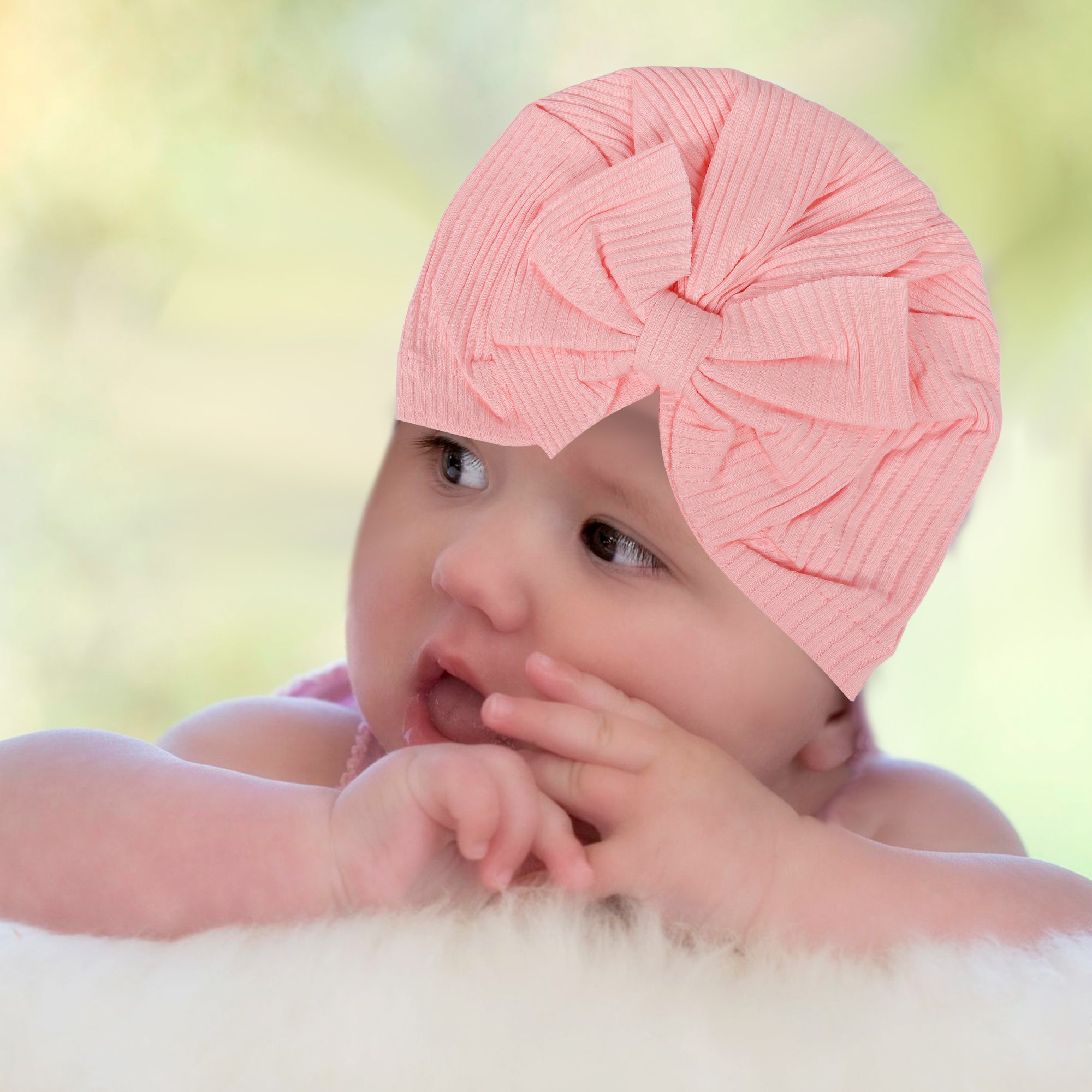 Baby Moo Bow Turban Cap - Salmon Pink