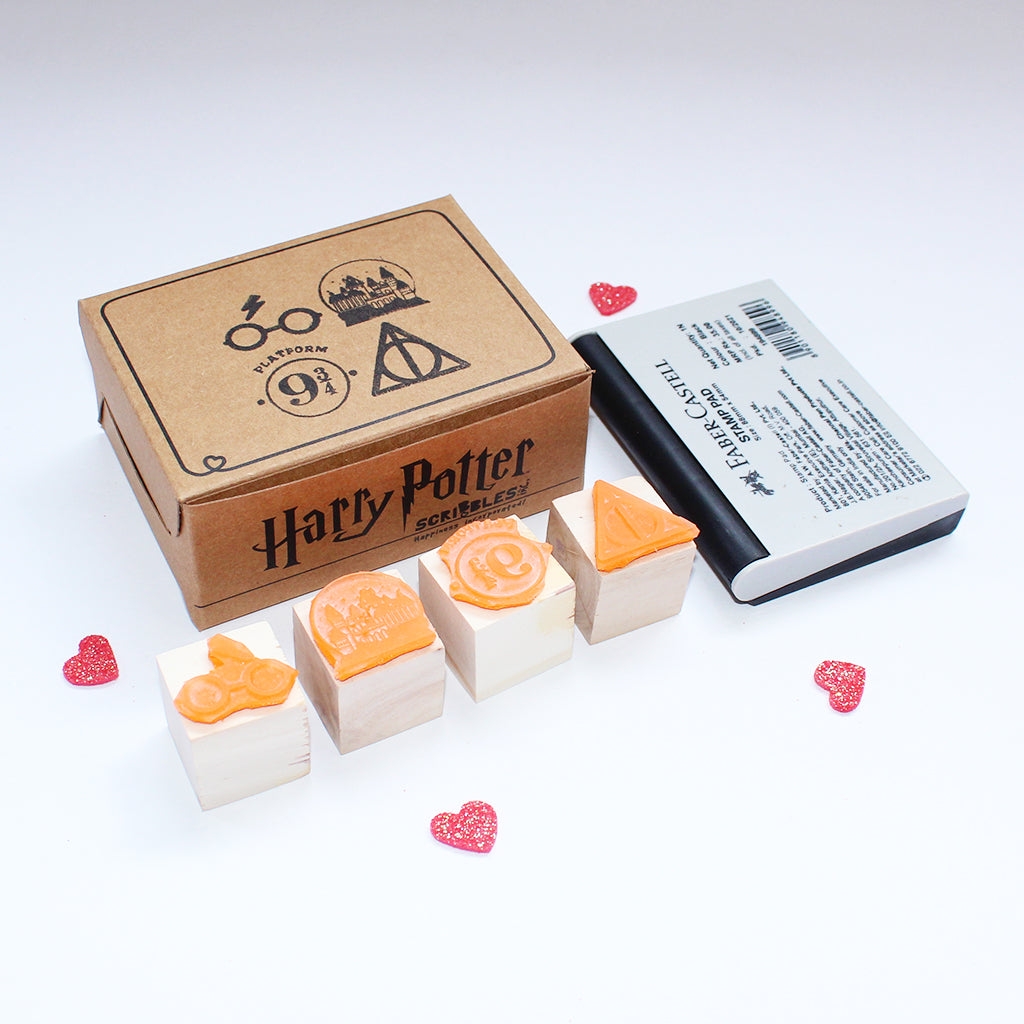 Official Harry Potter Mini Rubber stamps on a Wooden Mount - Hogwarts Deathly HPSymb Plat 9 3/4 - Set of 4