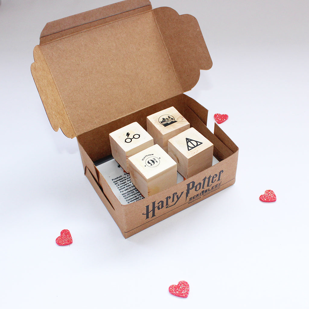 Official Harry Potter Mini Rubber stamps on a Wooden Mount - Hogwarts Deathly HPSymb Plat 9 3/4 - Set of 4