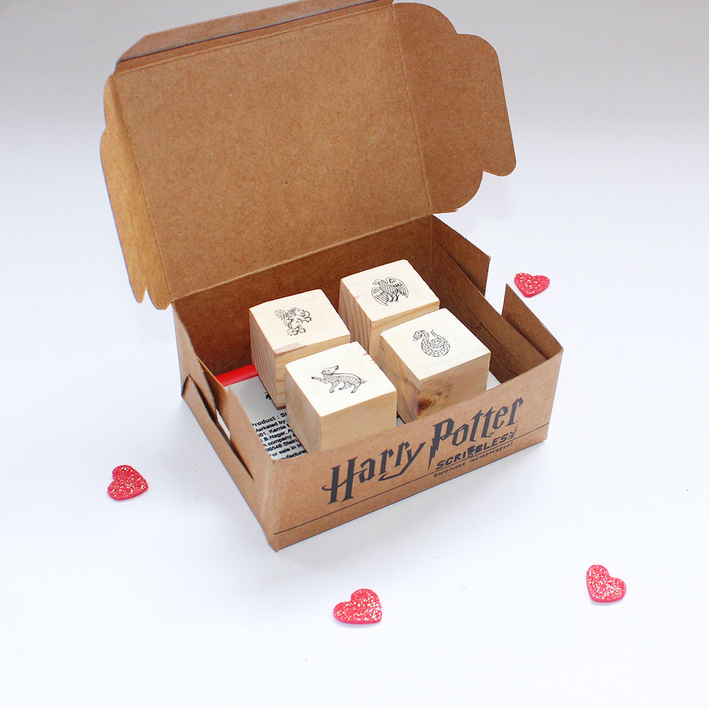 Official Harry Potter Mini Rubber stamps on a Wooden Mount - 4 Houses - Set of 4