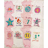 Hand Embroidered Milestone Romper Set of 12 - Bubble thoughts - Pink White Pink Combination