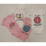 Hand Embroidered Milestone Romper Set of 12 - Bubble thoughts - Pink White Pink Combination