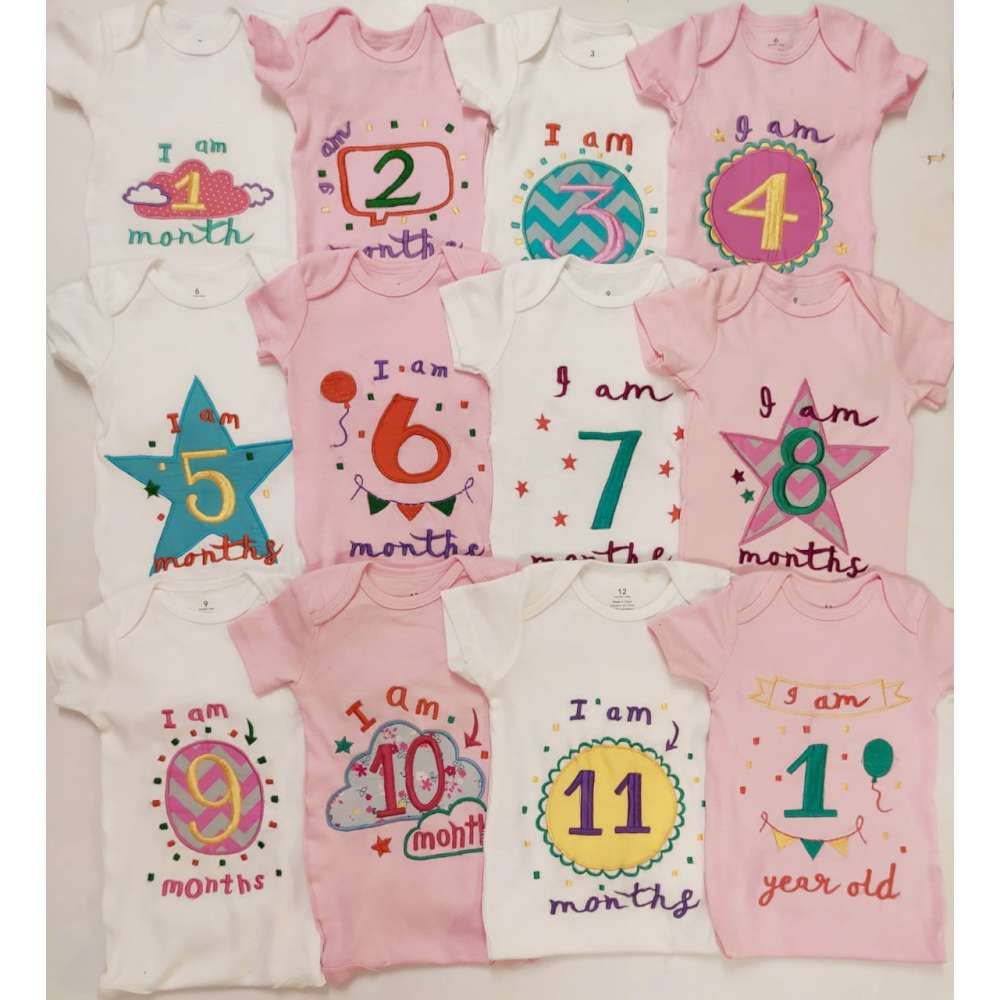 Hand Embroidered Milestone Romper Set of 12 - Bubble thoughts - White Pink White Combination