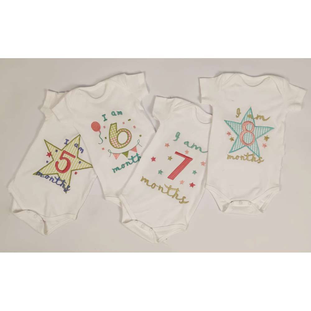 Hand Embroidered Milestone Romper Set of 12 - Clouds