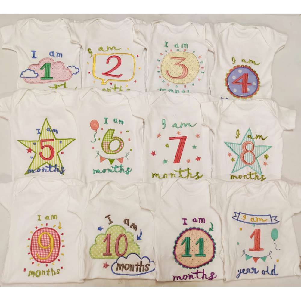 Hand Embroidered Milestone Romper Set of 12 - Clouds