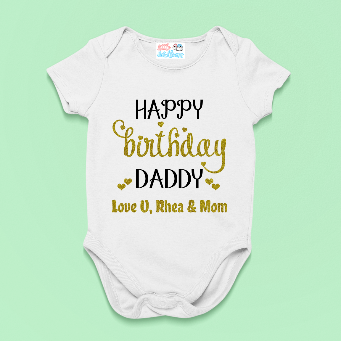 Happy Birthday Daddy - Gold Glitter & Black - Personalized White Onesie