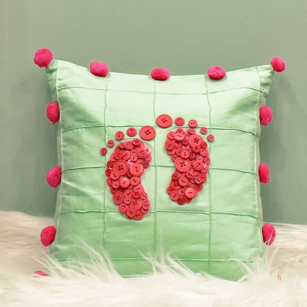 Happy Feet Button Cushion - Fuscia Pink Buttons On Pista Green Base