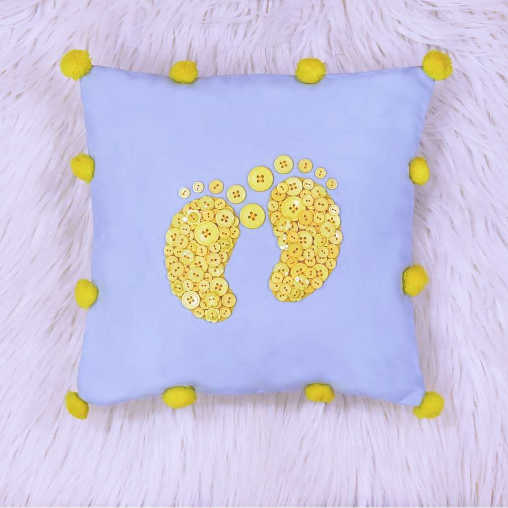 Happy Feet Button Cushion - Yellow Buttons On Light Blue Base