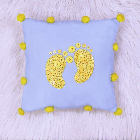 Happy Feet Button Cushion - Yellow Buttons On Light Blue Base