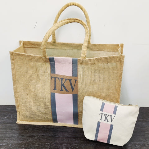 Monogrammed Tote Bag And Pouch Set -Grey + Pink