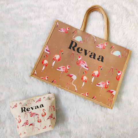 Printed Tote Bag And Pouch Set -  Flamingo