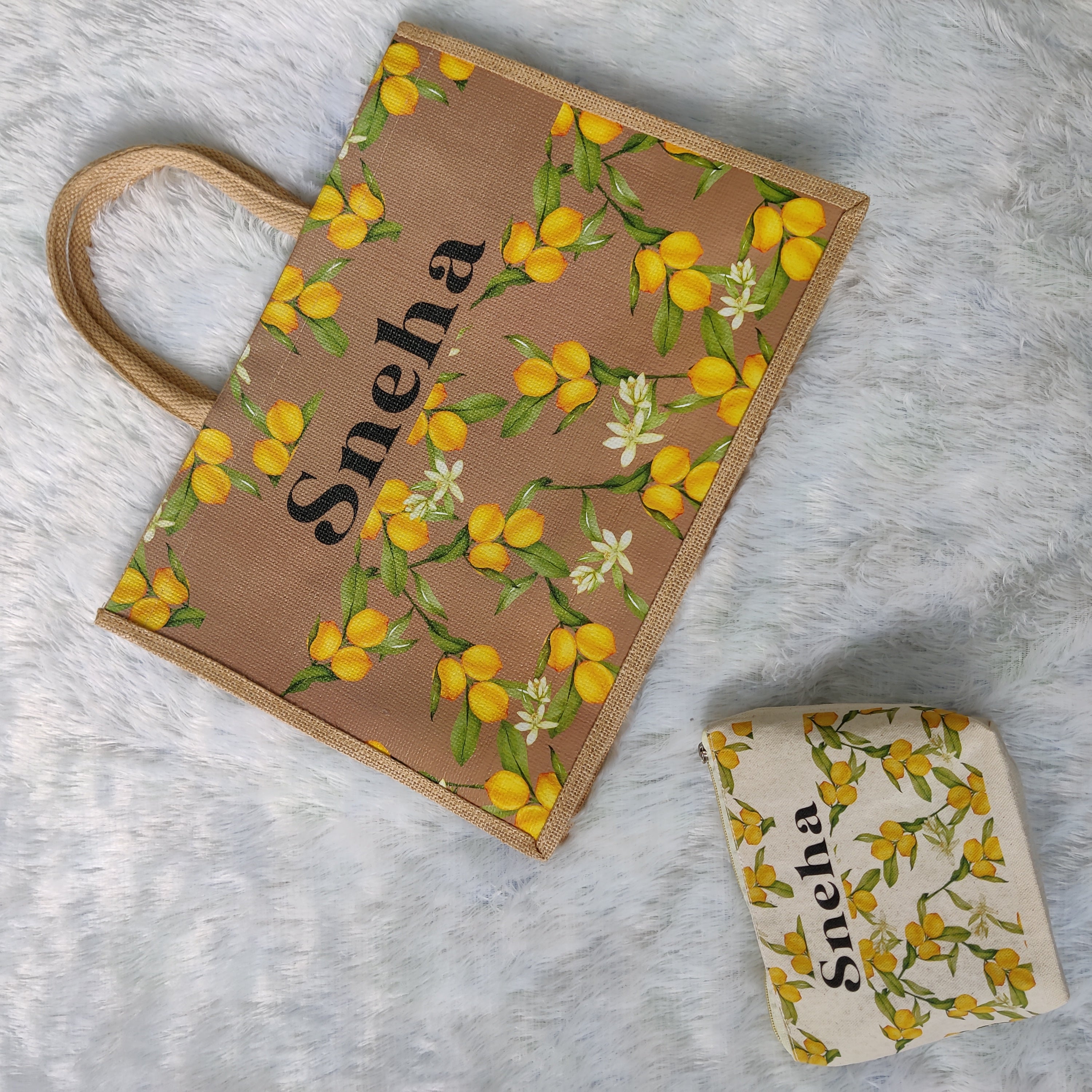 Printed Tote Bag And Pouch Set - Amalfi Lemon