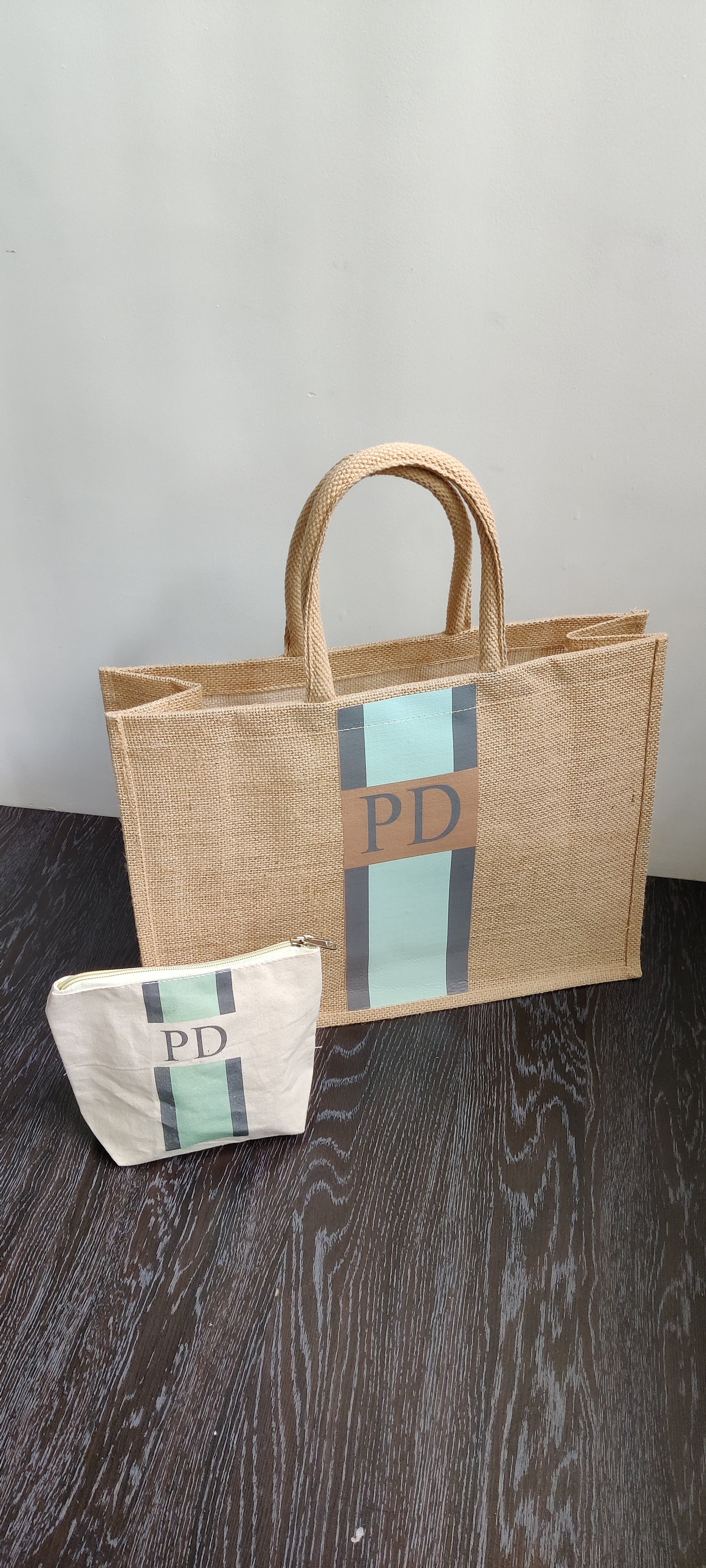 Monogrammed Tote Bag And Pouch Set - Mint + Grey
