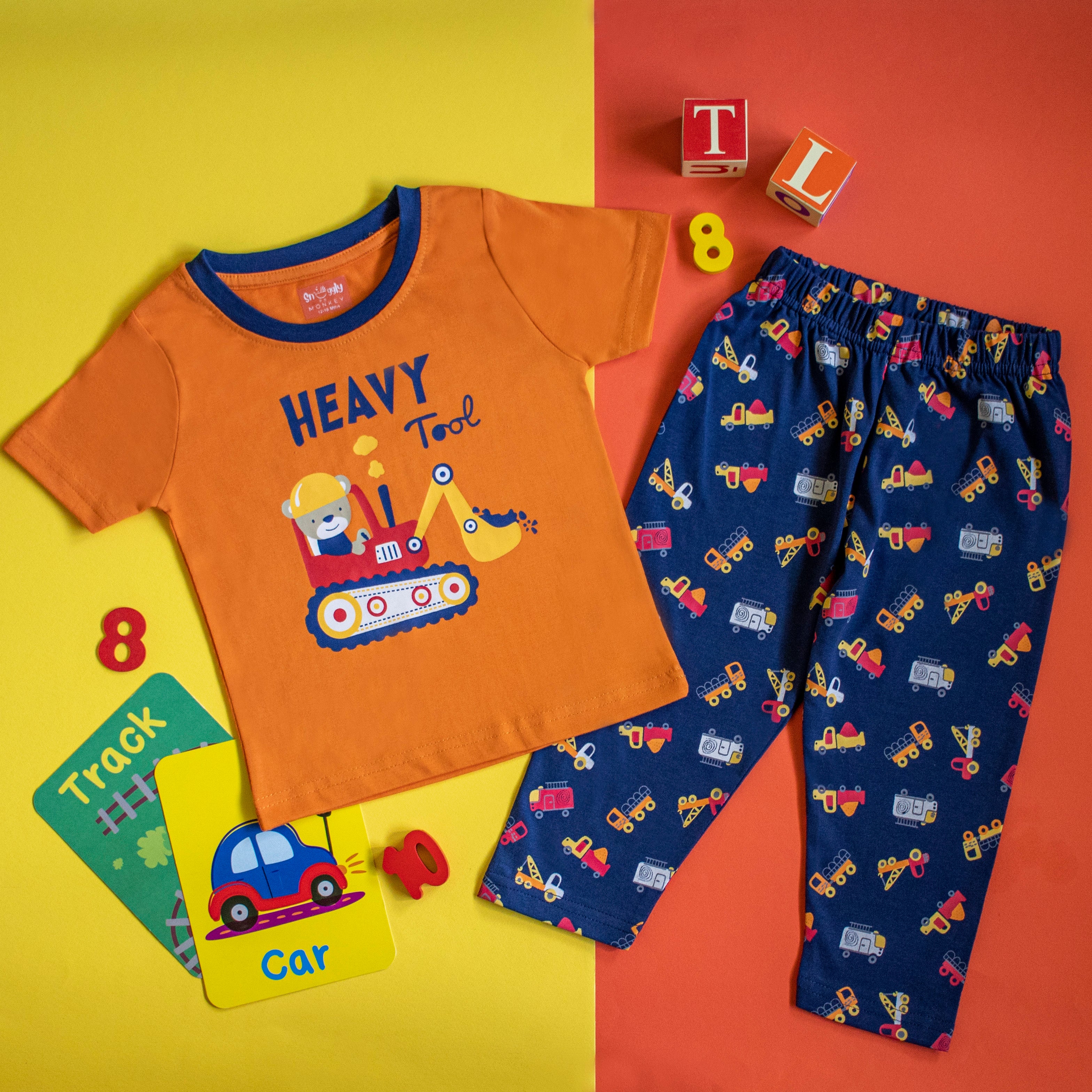 Snuggly Monkey Half -Sleeves T-shirt & Pyjama Set - Orange