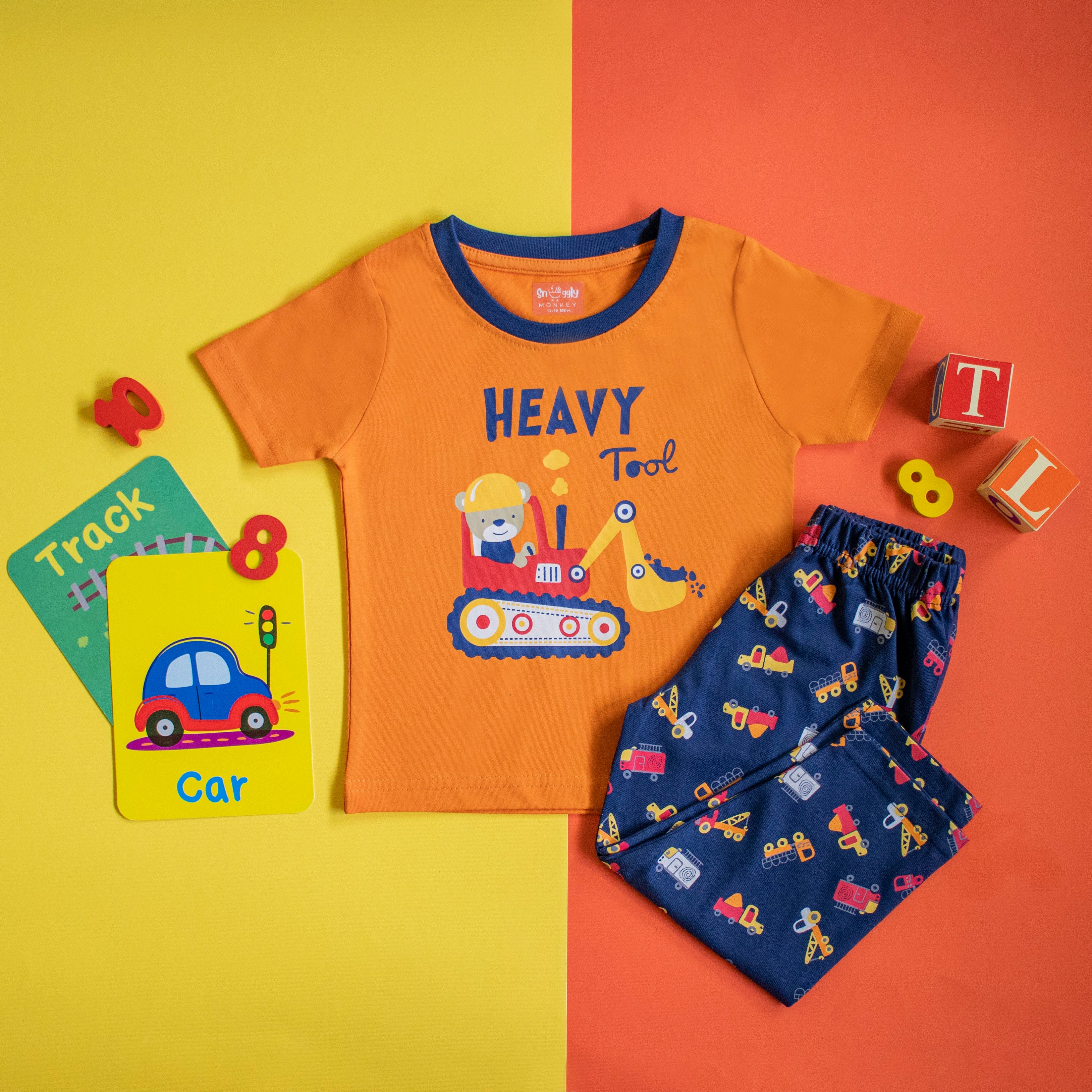 Snuggly Monkey Half -Sleeves T-shirt & Pyjama Set - Orange