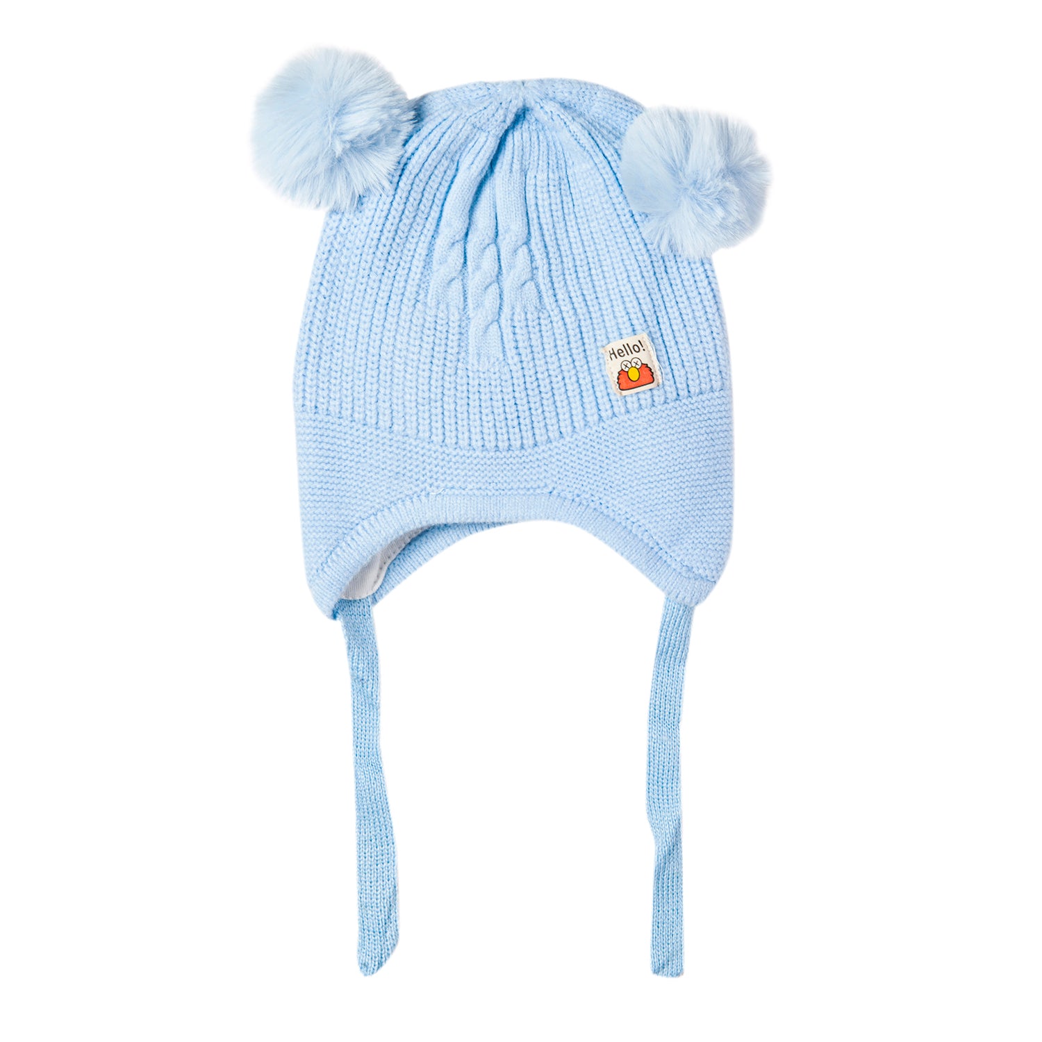 Baby Moo Knit Woollen Cap With Tie Knot For Ear Protection Solid Blue