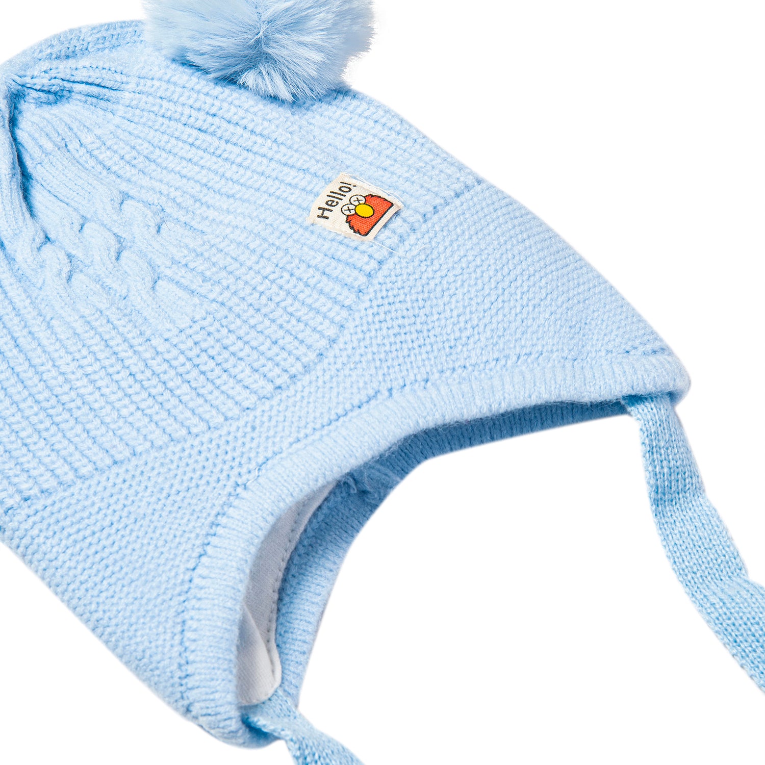 Baby Moo Knit Woollen Cap With Tie Knot For Ear Protection Solid Blue