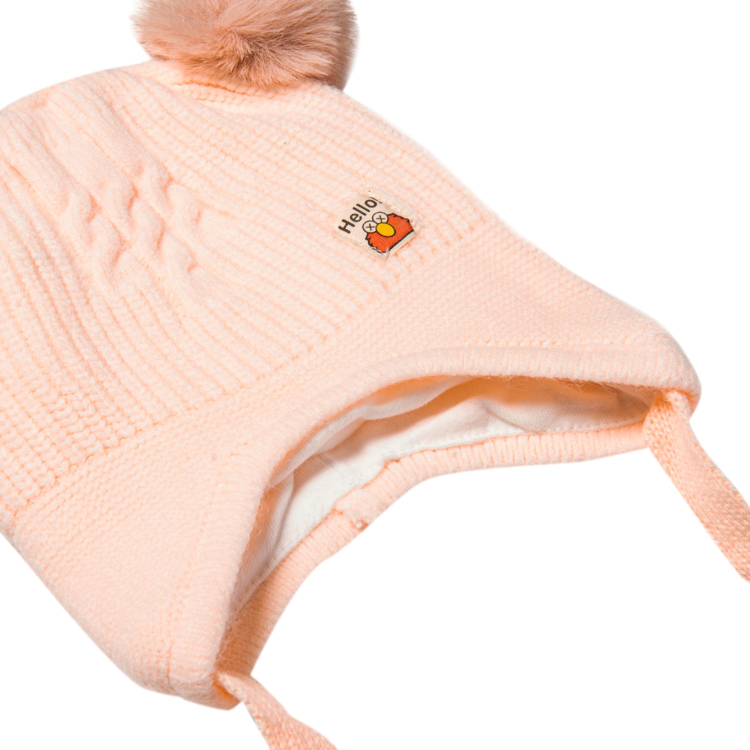 Baby Moo Knit Woollen Cap With Tie Knot For Ear Protection Solid Peach