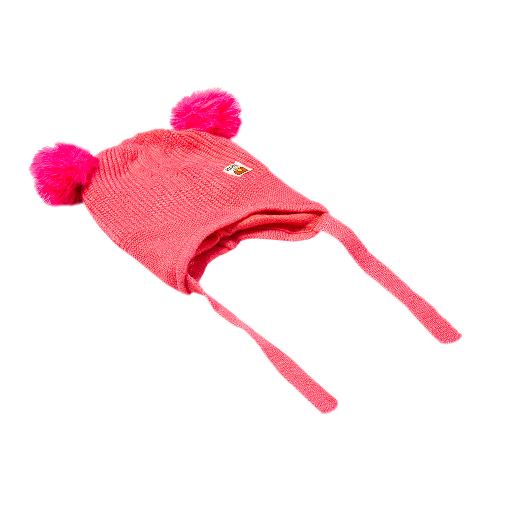 Baby Moo Knit Woollen Cap With Tie Knot For Ear Protection Solid Pink