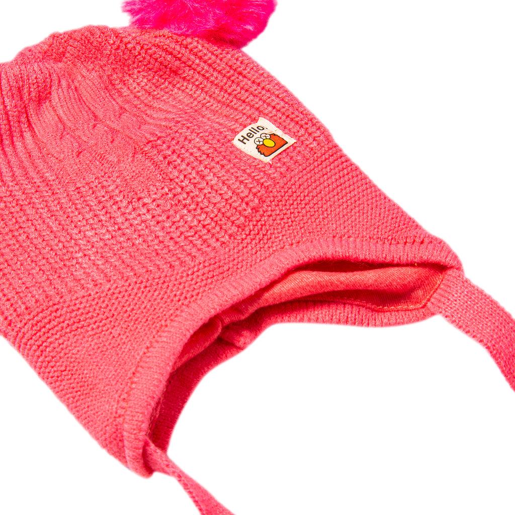 Baby Moo Knit Woollen Cap With Tie Knot For Ear Protection Solid Pink