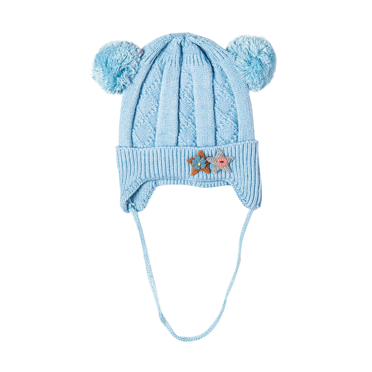 Baby Moo Knit Woollen Cap With Tie For Ear Cover Starry Pom Pom Blue