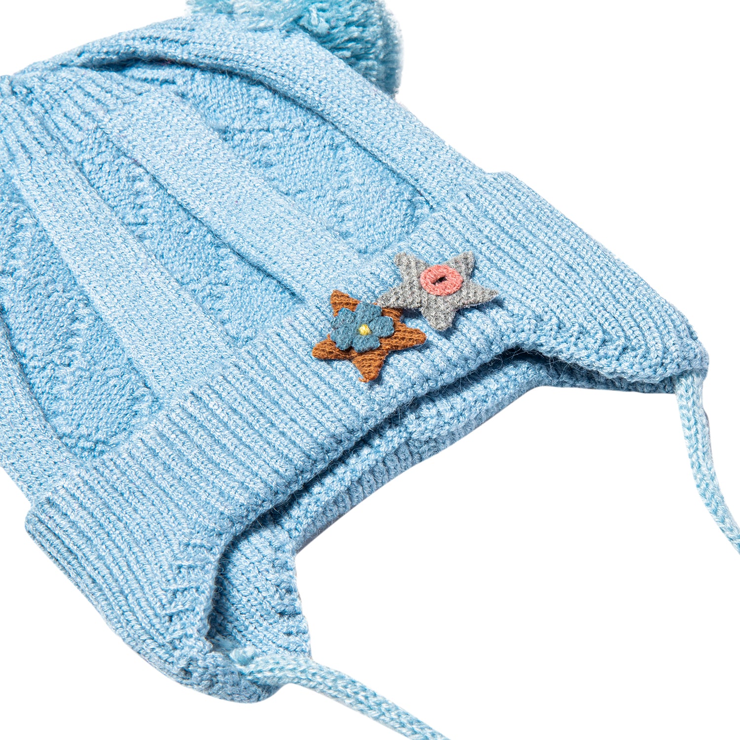 Baby Moo Knit Woollen Cap With Tie For Ear Cover Starry Pom Pom Blue