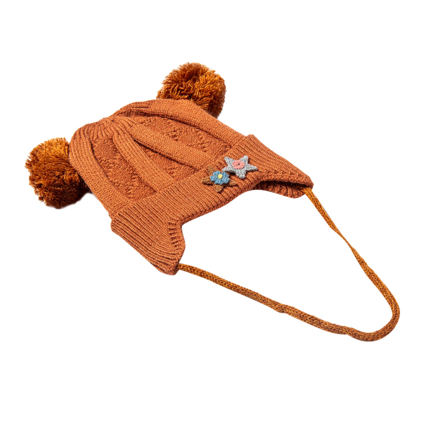 Baby Moo Knit Woollen Cap With Tie For Ear Cover Starry Pom Pom Brown