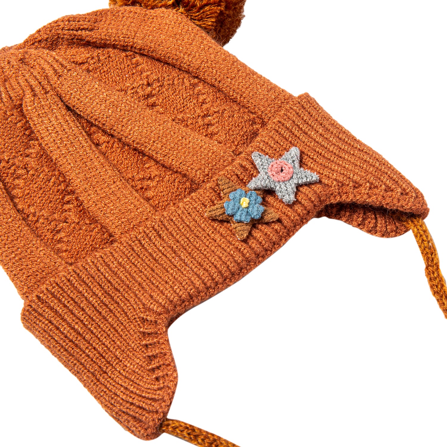 Baby Moo Knit Woollen Cap With Tie For Ear Cover Starry Pom Pom Brown