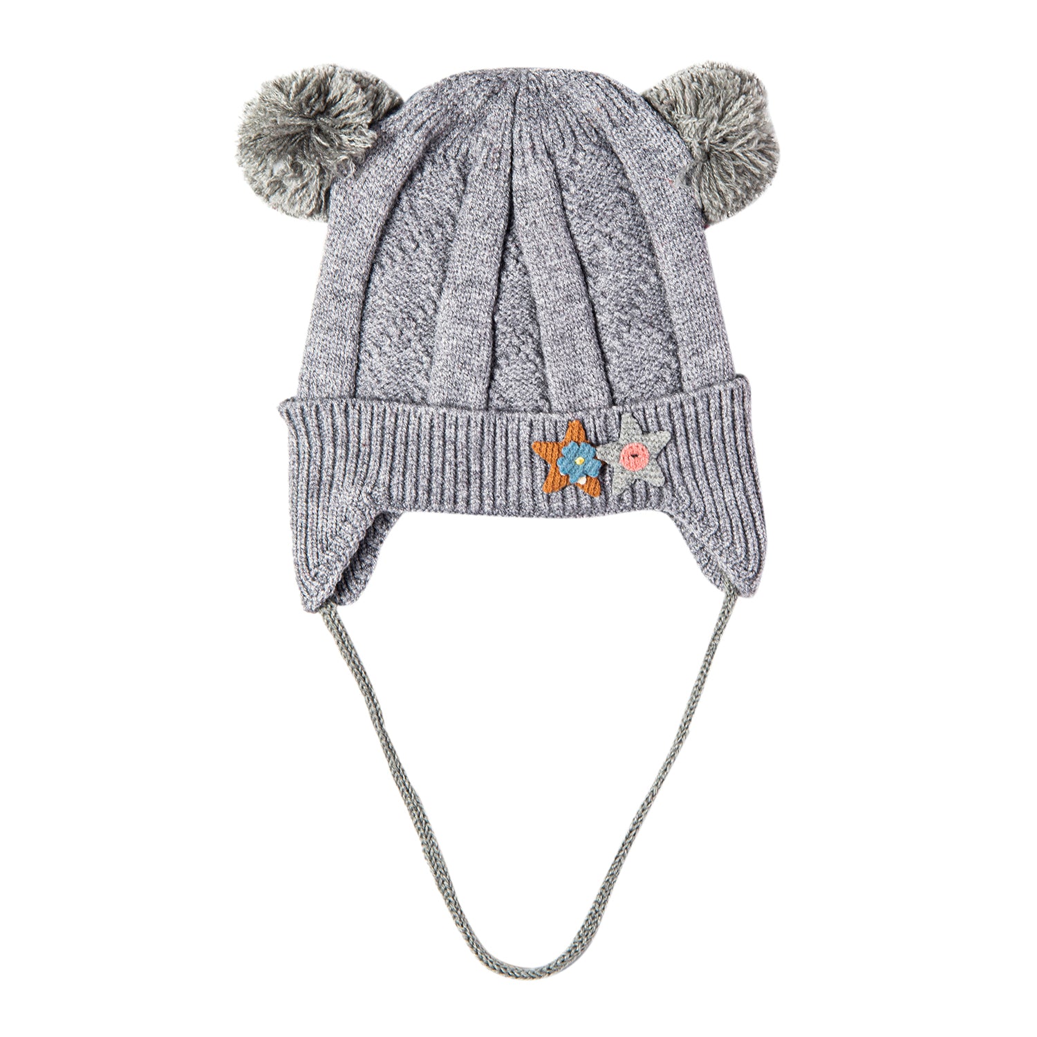 Baby Moo Knit Woollen Cap With Tie For Ear Cover Starry Pom Pom Grey