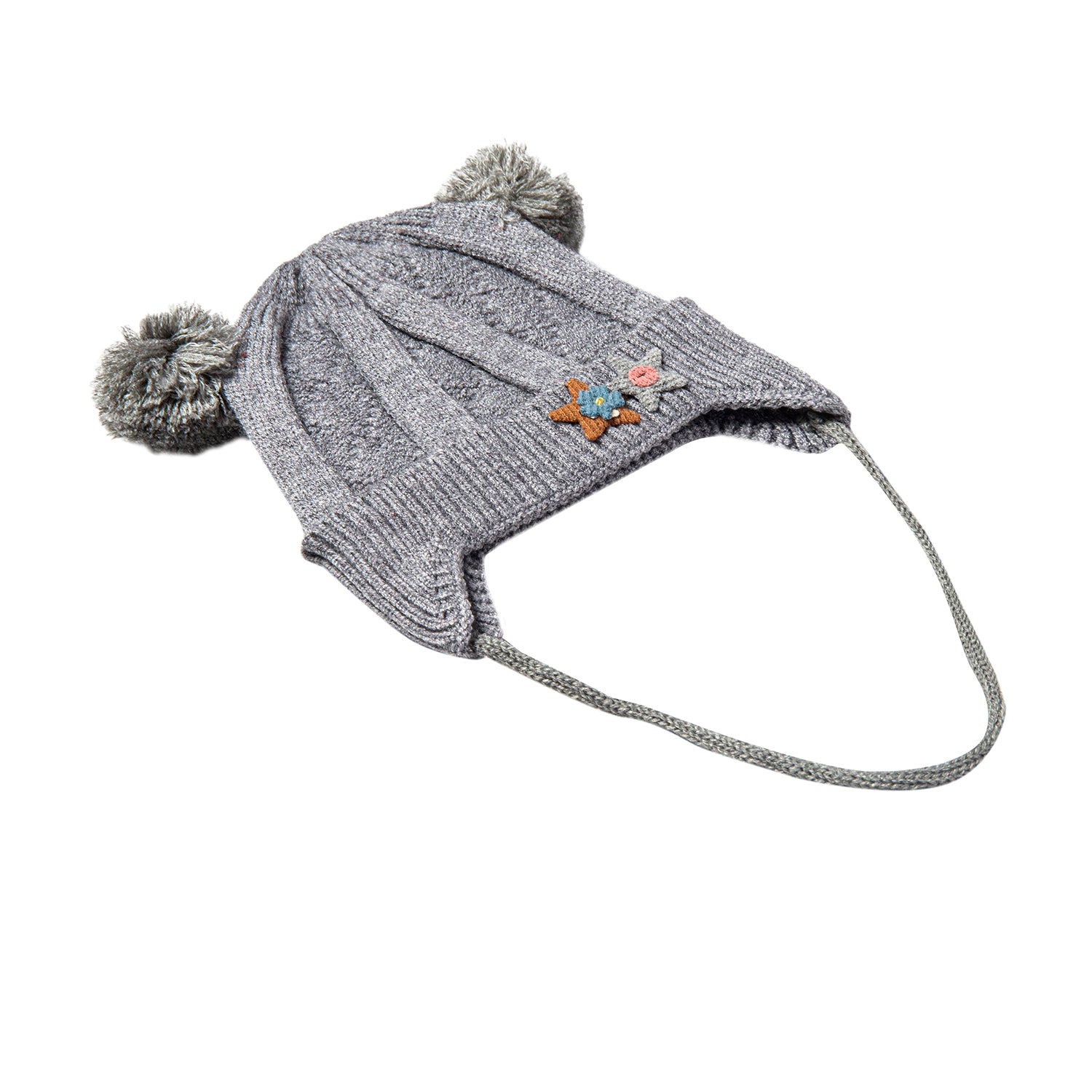 Baby Moo Knit Woollen Cap With Tie For Ear Cover Starry Pom Pom Grey
