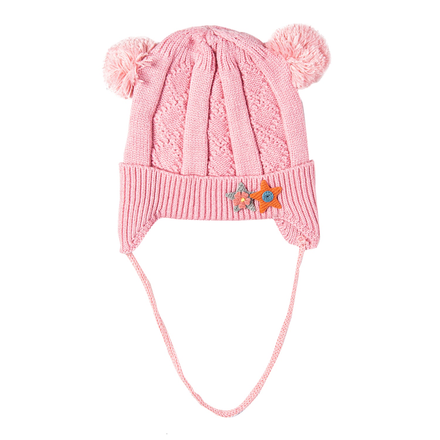 Baby Moo Knit Woollen Cap With Tie For Ear Cover Starry Pom Pom Pink