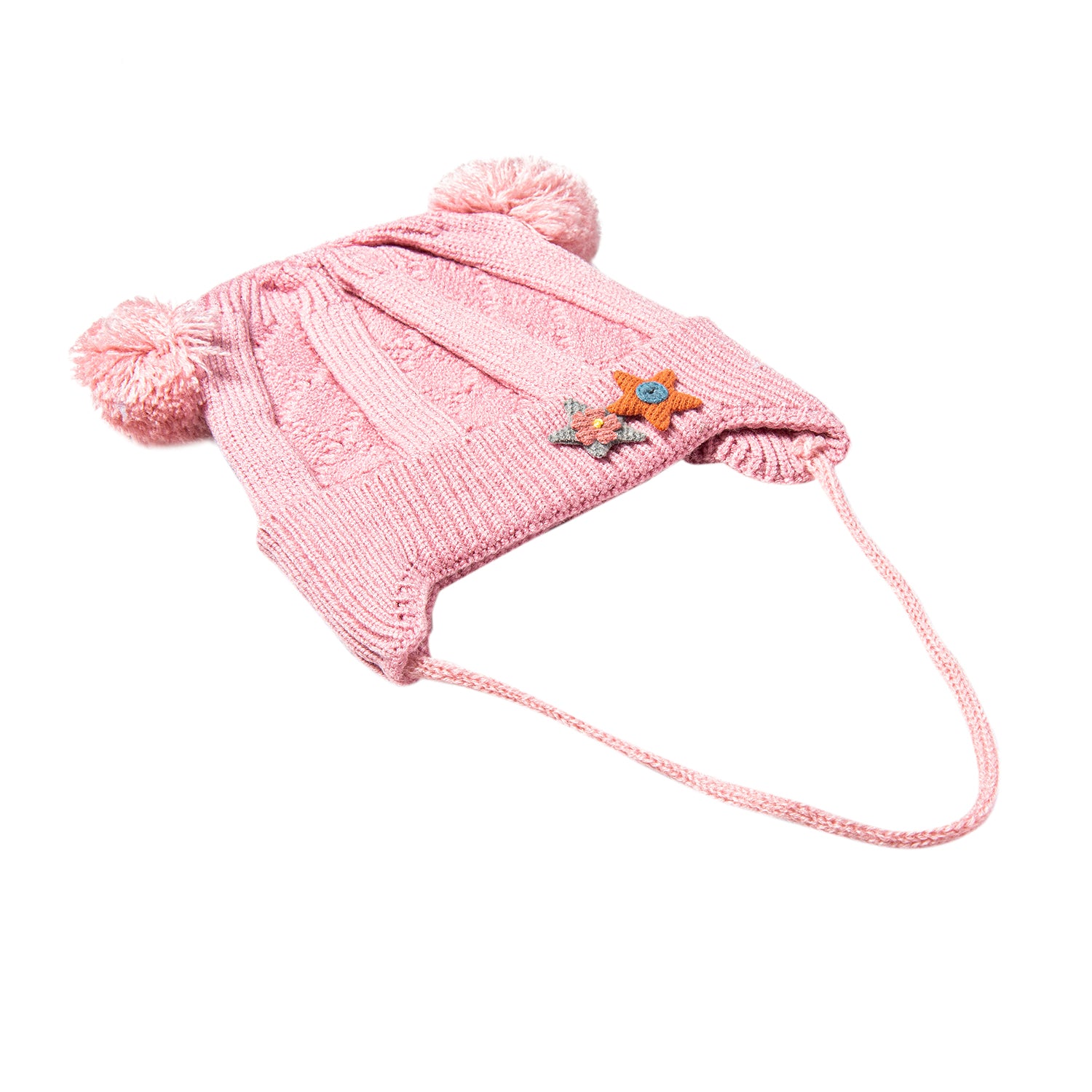 Baby Moo Knit Woollen Cap With Tie For Ear Cover Starry Pom Pom Pink