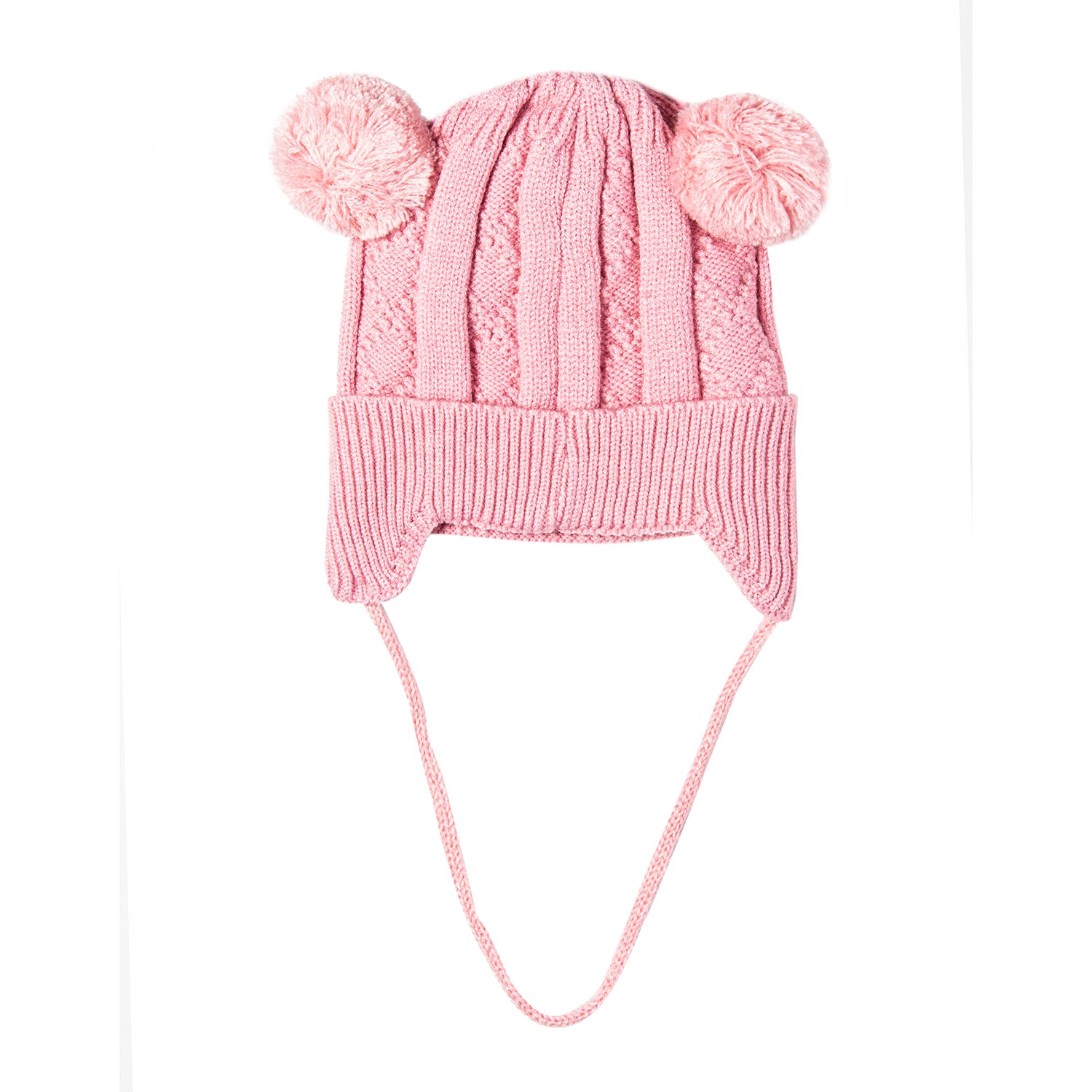 Baby Moo Knit Woollen Cap With Tie For Ear Cover Starry Pom Pom Pink