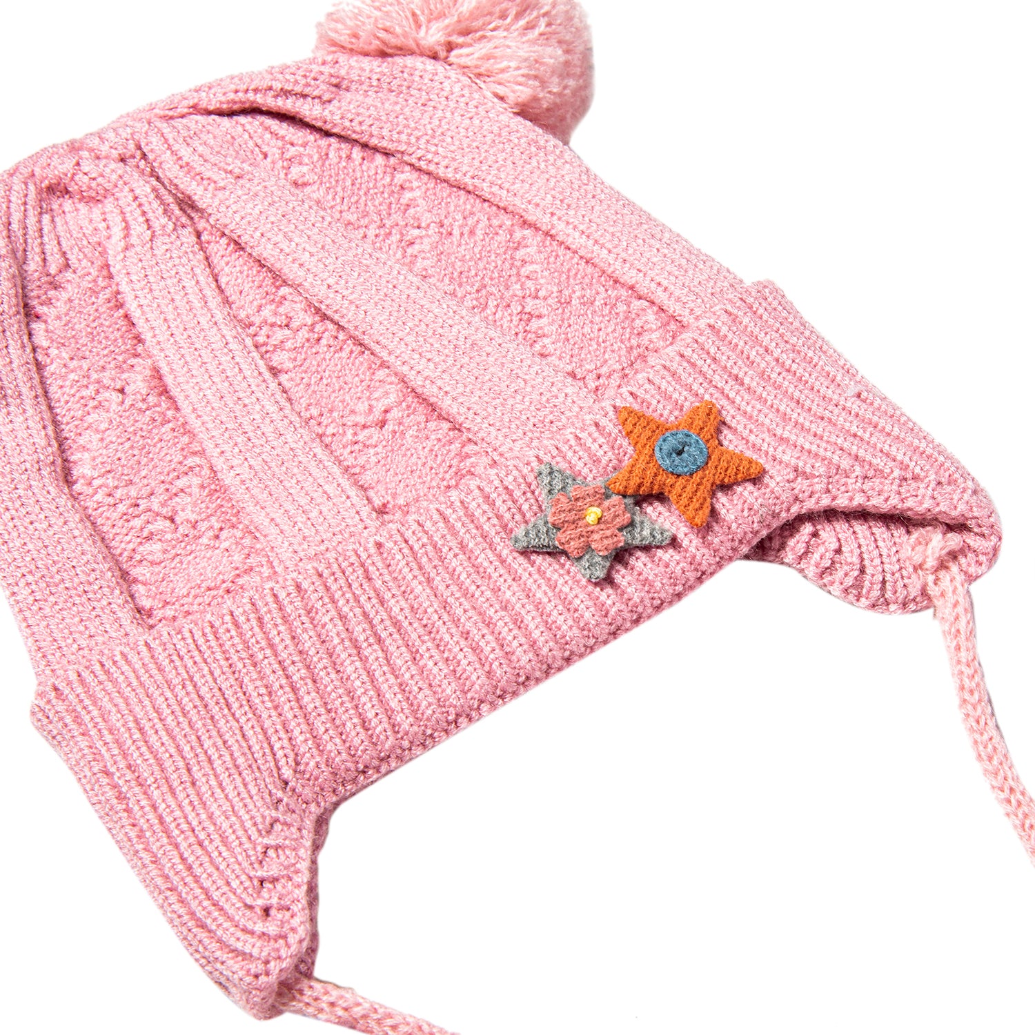 Baby Moo Knit Woollen Cap With Tie For Ear Cover Starry Pom Pom Pink