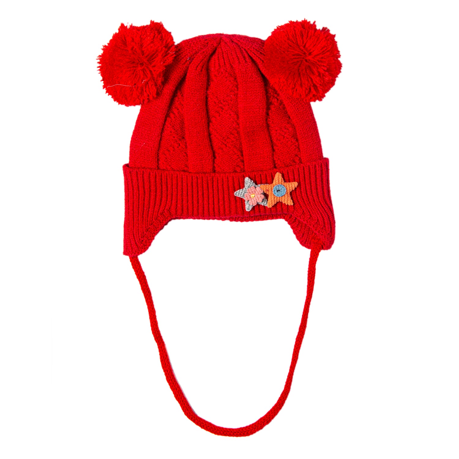 Baby Moo Knit Woollen Cap With Tie For Ear Cover Starry Pom Pom Red