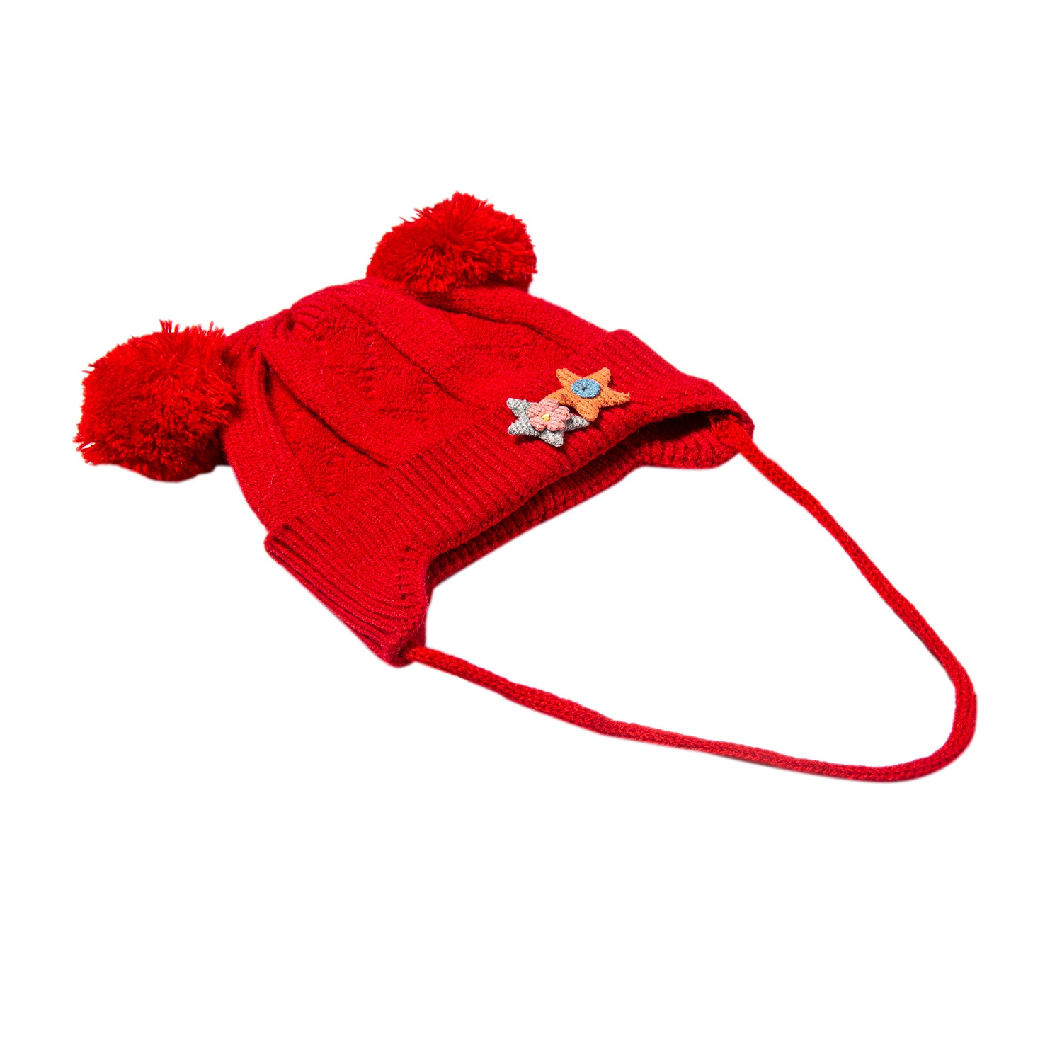 Baby Moo Knit Woollen Cap With Tie For Ear Cover Starry Pom Pom Red