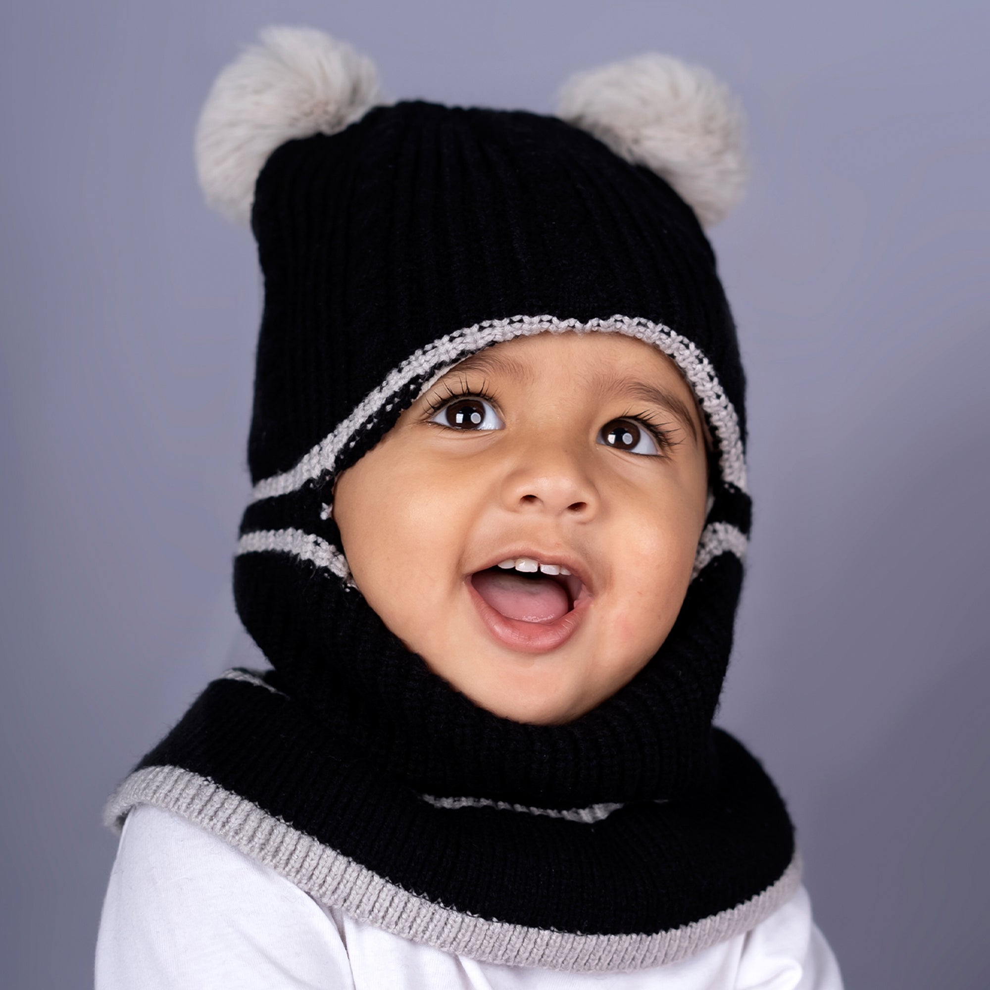Baby Moo Pom Pom Winter Monkey Woolen Cap - Black, White