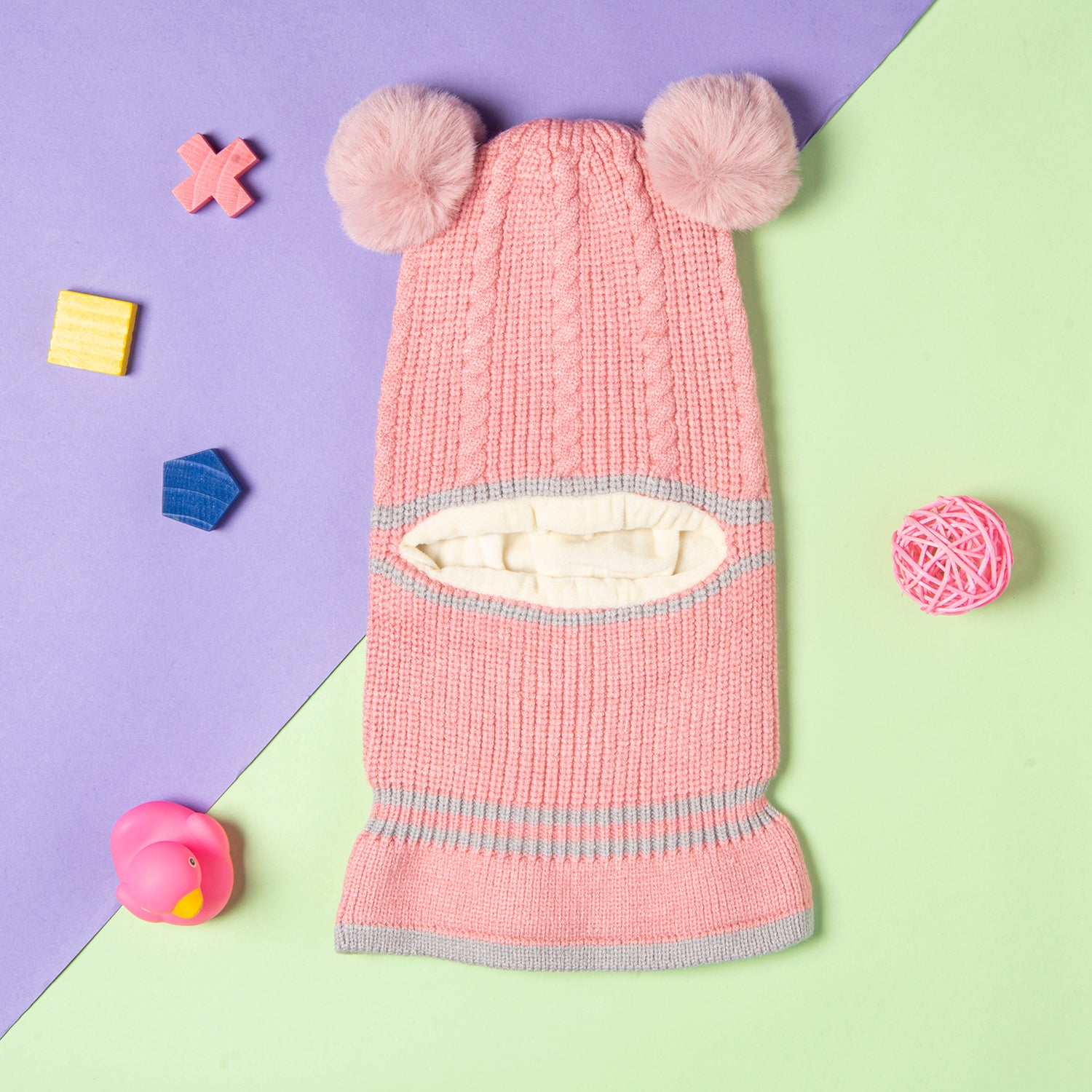 Baby Moo Winter Monkey Cap Woollen Hat Pom Pom Pink