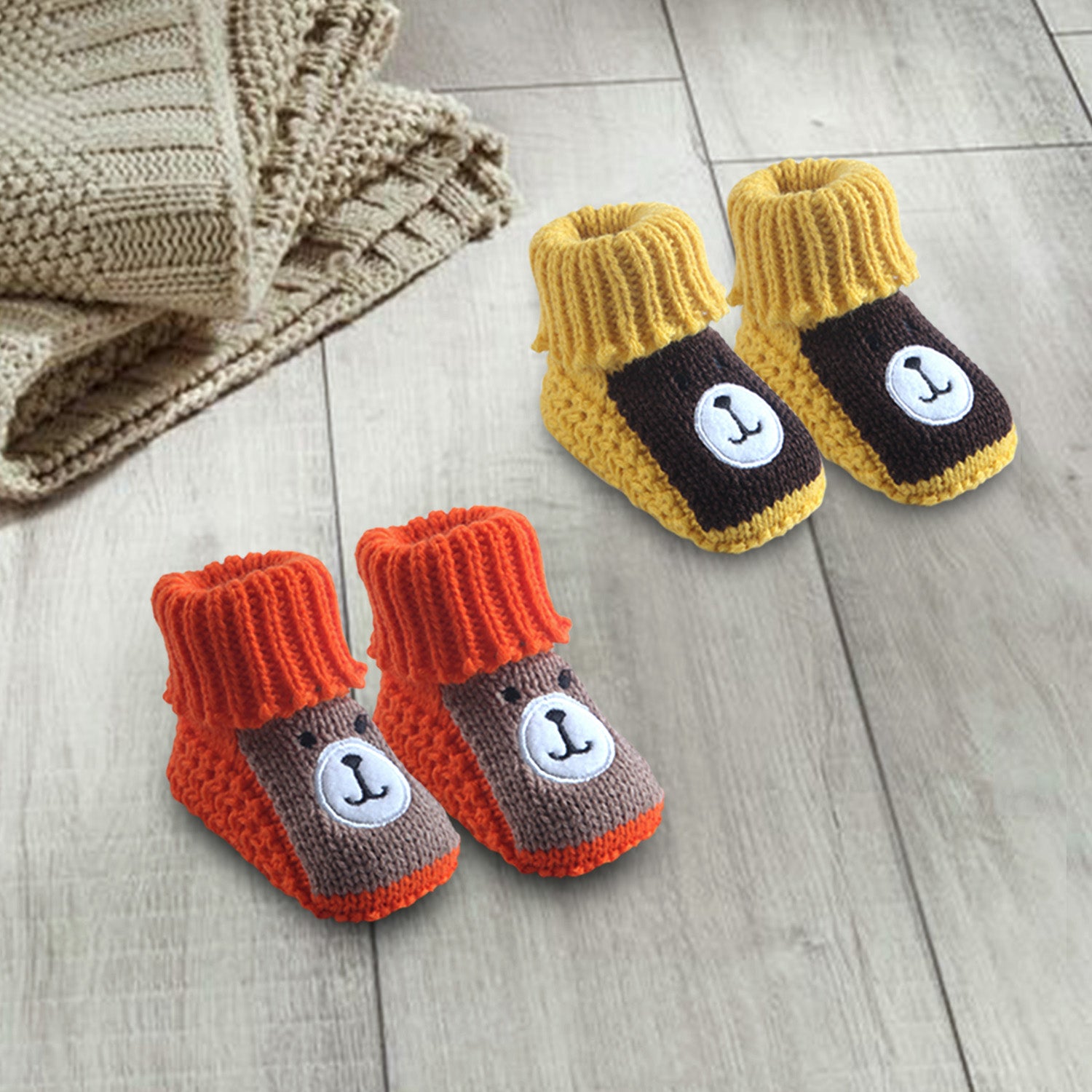 Baby Moo Newborn Crochet Woollen Booties Teddy - Orange, Yellow