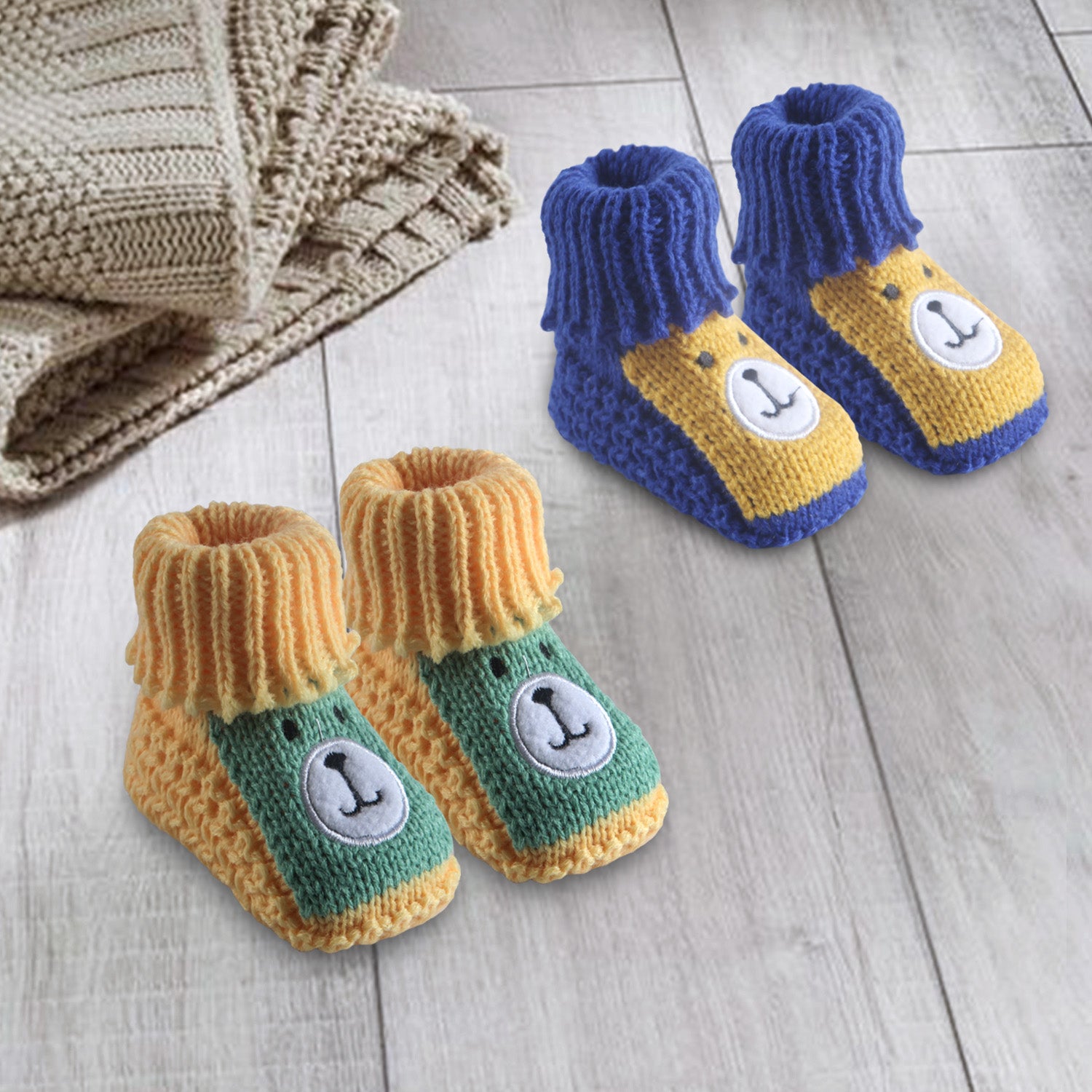 Baby Moo Newborn Crochet Woollen Booties Teddy - Yellow, Blue