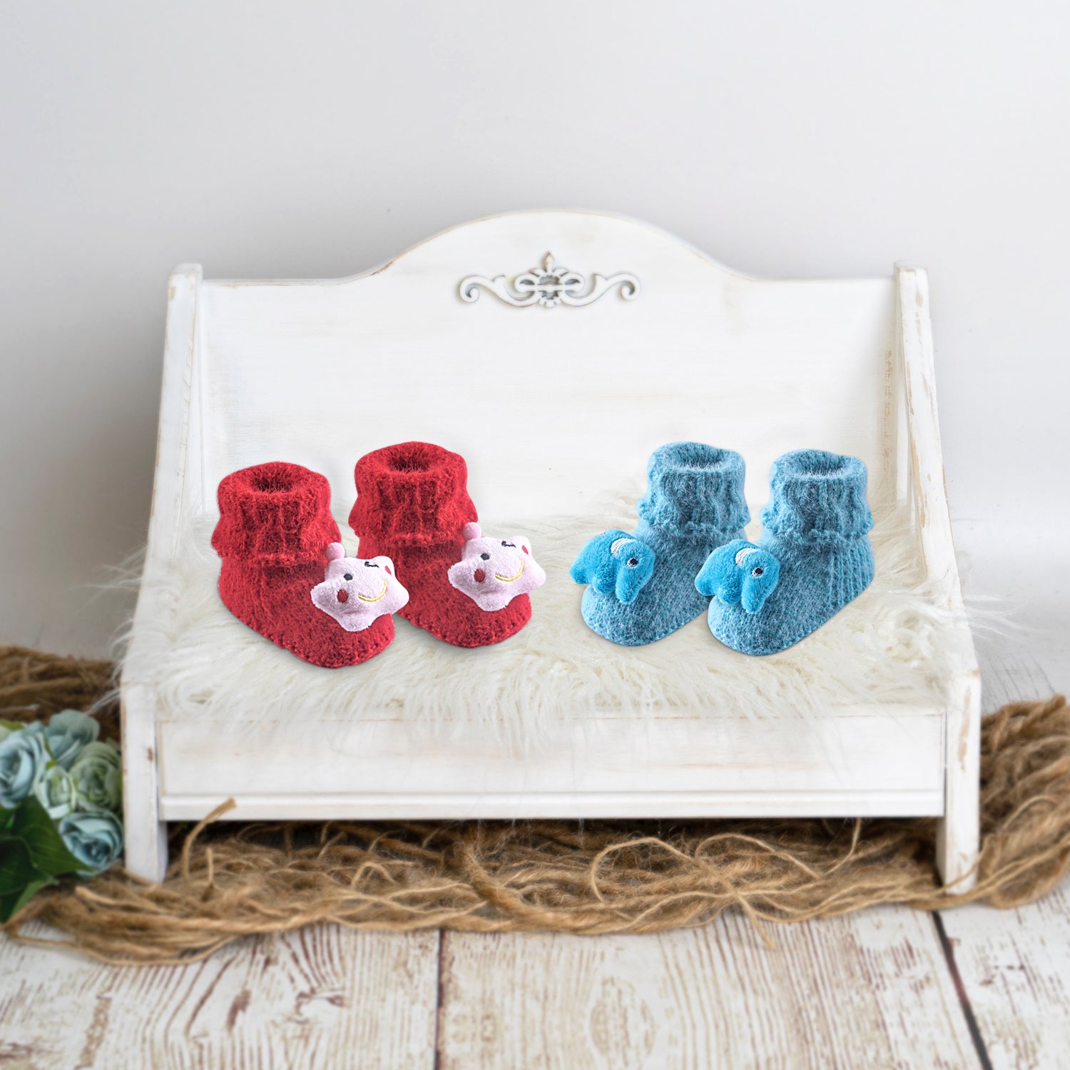 Baby Moo Newborn Crochet Woollen Booties Star Elephant - Blue, Red