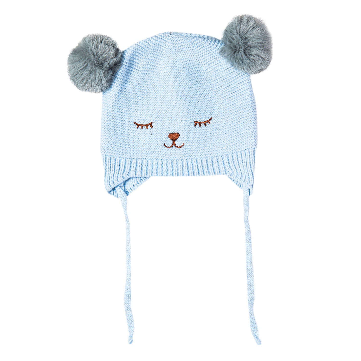 Baby Moo Knit Woollen Cap With Tie Knot For Ear Cover Sleeping Pom Pom Blue