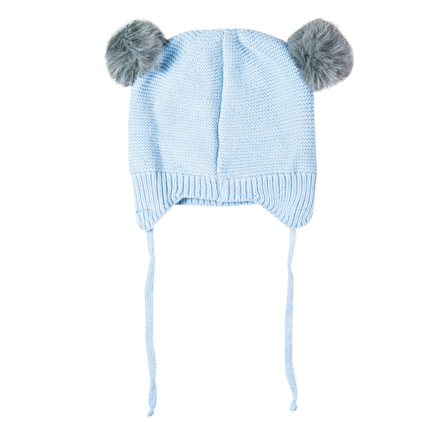 Baby Moo Knit Woollen Cap With Tie Knot For Ear Cover Sleeping Pom Pom Blue