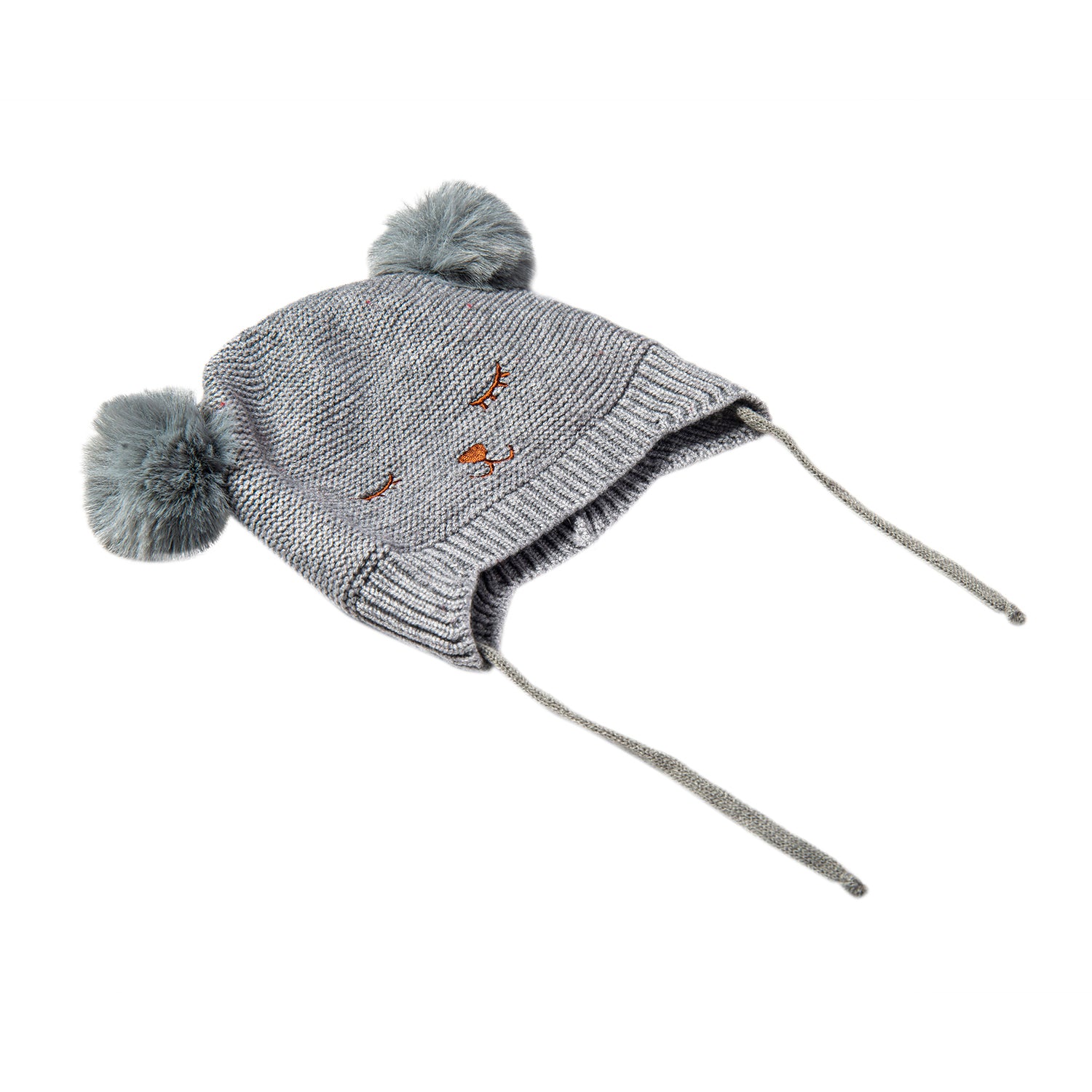 Baby Moo Knit Woollen Cap With Tie Knot For Ear Cover Sleeping Pom Pom Grey