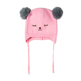 Baby Moo Knit Woollen Cap With Tie Knot For Ear Cover Sleeping Pom Pom Pink