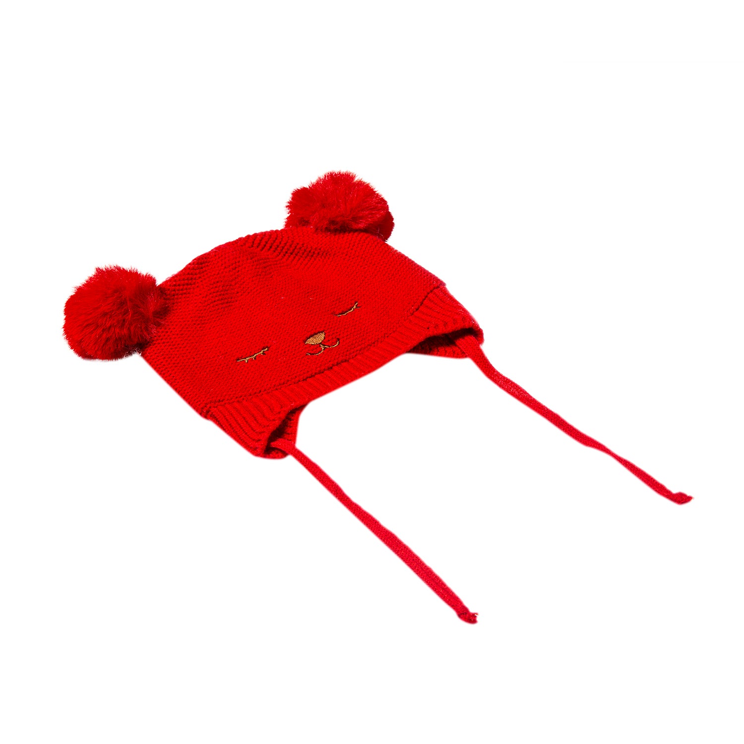 Baby Moo Knit Woollen Cap With Tie Knot For Ear Cover Sleeping Pom Pom Red