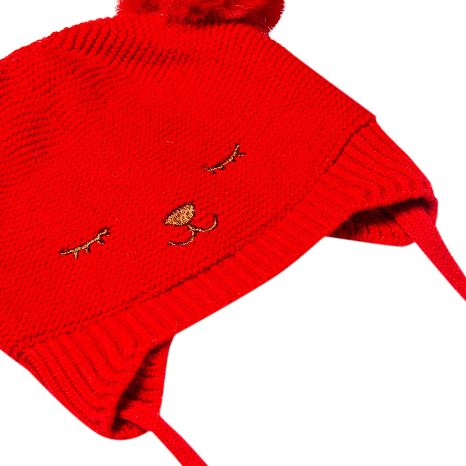 Baby Moo Knit Woollen Cap With Tie Knot For Ear Cover Sleeping Pom Pom Red