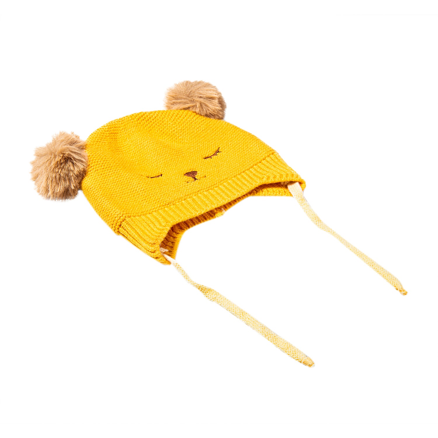 Baby Moo Knit Woollen Cap With Tie Knot For Ear Cover Sleeping Pom Pom Yellow