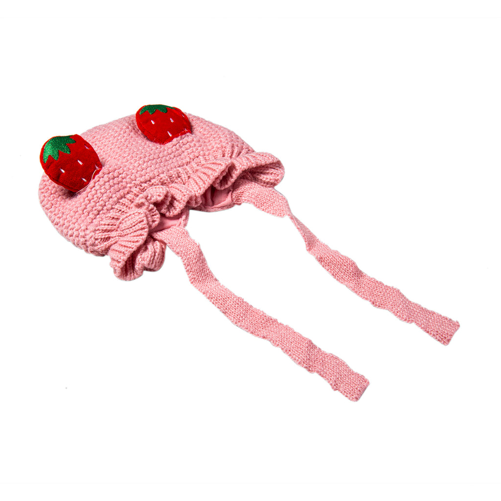 Baby Moo Knit Woollen Cap With Tie Knot For Ear Cover Strawberry Pink