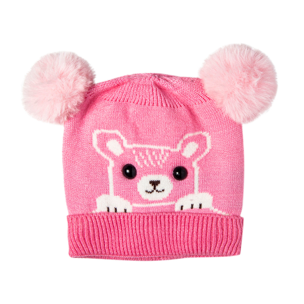Baby Moo Knit Woollen Cap Pom Pom Bear Pink